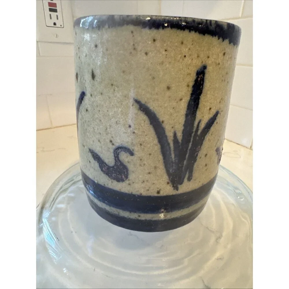 Studio Art Pottery Vase Planter Blue Ban Brown speckles Signed